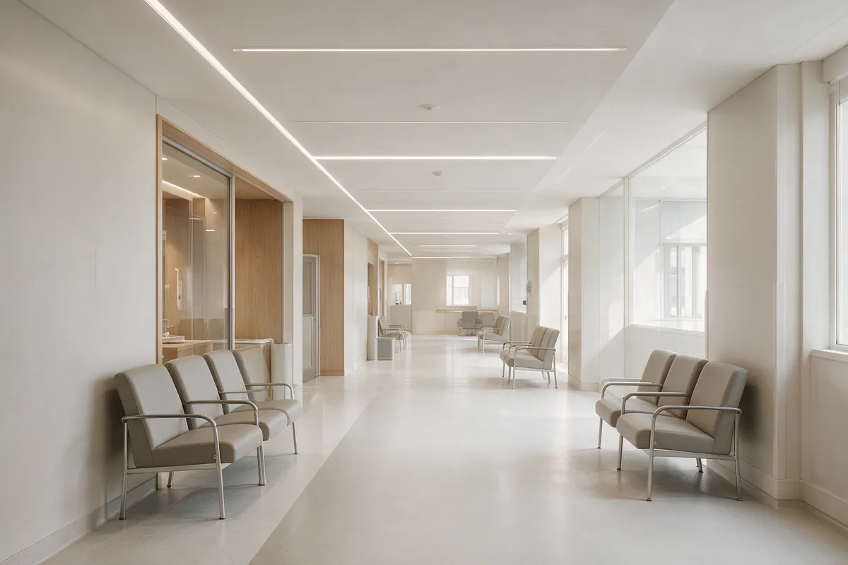 Espace d’attente hospitalier clair, sièges le long d’une circulation et luminaires linéaires au plafond.