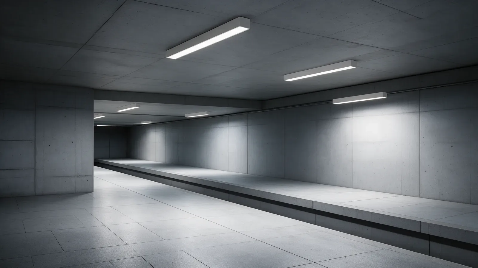 Quai de métro avec luminaires linéaires en applique au plafond, architecture en béton avec un quai dégagé.