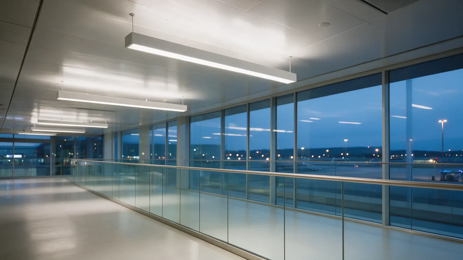 Couloir d’arrivée d’un aéroport régional avec luminaires linéaires suspendus et garde-corps vitrés.