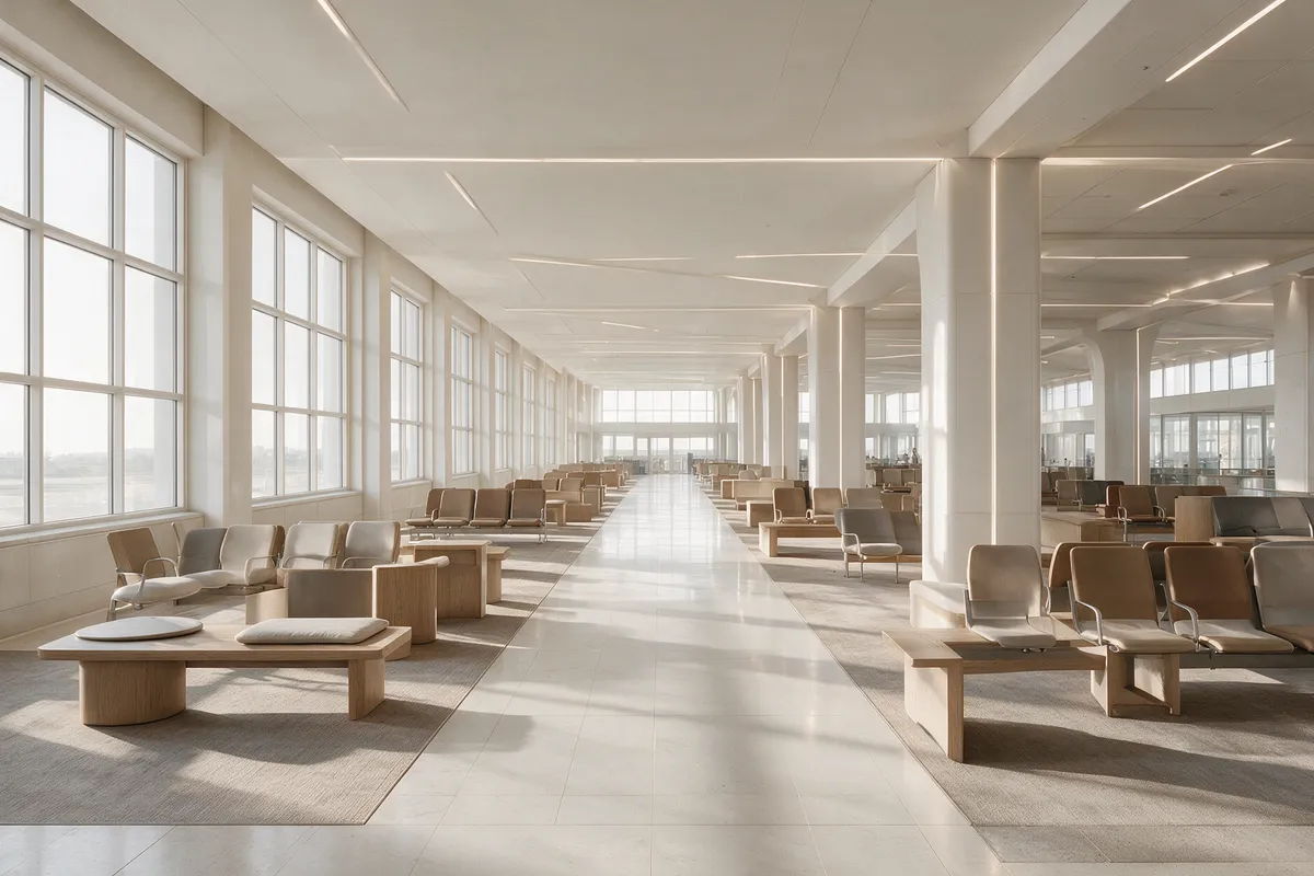 Hall d’aéroport lumineux, longue circulation centrale, rangées d’assises et éclairage intégré au plafond.